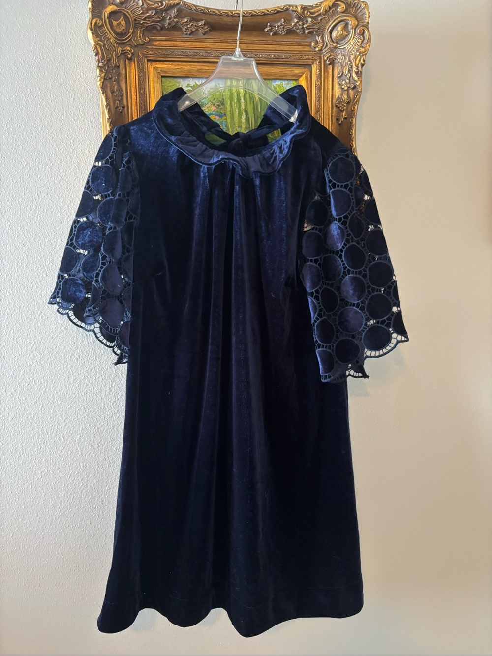NWT Umgee Navy Blue Velvet Shift Dress Circle Cutout Lace Sleeves